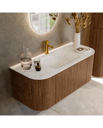 Mondiaz Kurve-Dlux 110cm badmeubel ronding Links + Rechts kleur Walnut met 1 lade en 2 deuren. Wastafel Cloud Midden 1 kraangat Opalo.