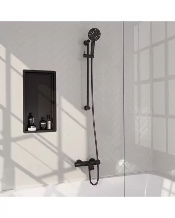BRAUER Black Carving opbouw baddouche thermostaatkraan SET 02 met glijstang en 3-standen handdouche en doucheslang mat zwart