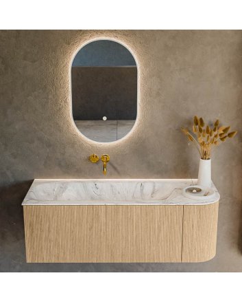 Mondiaz Kurve-Dlux 125cm badmeubel ronding Rechts kleur Oak met 1 lade en 1 deur. Wastafel Big medium Links zonder kraangat Glace.