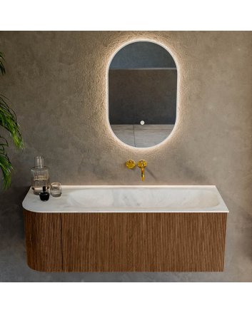 Mondiaz Kurve-Dlux 125cm badmeubel ronding Links kleur Walnut met 1 lade en 1 deur. Wastafel Big medium Rechts zonder kraangat Opalo.