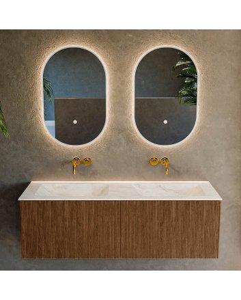 Mondiaz Kurve-Dlux 130cm badmeubel kleur Walnut met 2 lades en 0 deuren. Wastafel Leaf Dubbel zonder kraangat Ostra.