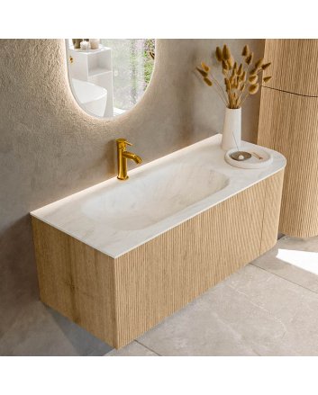Mondiaz Kurve-Dlux 115cm badmeubel ronding Rechts kleur Oak met 1 lade en 1 deur. Wastafel Big small Links 1 kraangat Opalo.