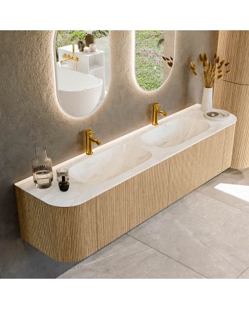 Mondiaz Kurve-Dlux 190cm badmeubel ronding Links + Rechts kleur Oak met 2 lades en 2 deuren. Wastafel Stor small Dubbel 2 kraangaten Ostra.