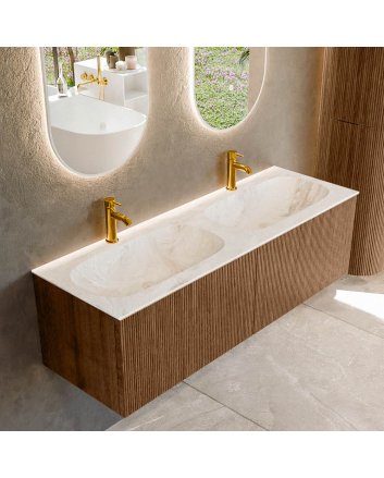 Mondiaz Kurve-Dlux 140cm badmeubel kleur Walnut met 2 lades en 0 deuren. Wastafel Stor small Dubbel 2 kraangaten Frappe.