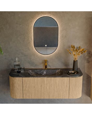 Mondiaz Kurve-Dlux 130cm badmeubel ronding Links + Rechts kleur Oak met 1 lade en 2 deuren. Wastafel Big small Midden 1 kraangat Lava.
