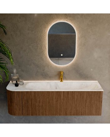 Mondiaz Kurve-Dlux 145cm badmeubel ronding Links kleur Walnut met 1 lade en 1 deur. Wastafel Big large Rechts 1 kraangat Frappe.