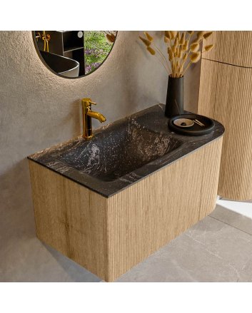 Mondiaz Kurve-Dlux 85cm badmeubel ronding Rechts kleur Oak met 1 lade en 1 deur. Wastafel Cloud Links 1 kraangat Lava.