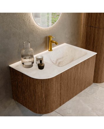 Mondiaz Kurve-Dlux 85cm badmeubel ronding Links kleur Walnut met 1 lade en 1 deur. Wastafel Cloud Rechts 1 kraangat Frappe.