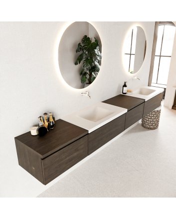 Mondiaz Bukla 280cm badmeubel met module 60 rechts kleur Dark Brown met 4 lades. Wastafel Cloud dubbel 0 kraangaten kleur Talc.