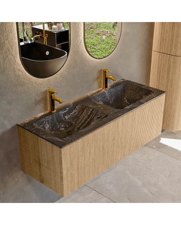Mondiaz Kurve-Dlux 120cm badmeubel kleur Oak met 1 lade en 0 deuren. Wastafel Leaf Dubbel 2 kraangaten Lava.