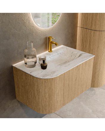 Mondiaz Kurve-Dlux 75cm badmeubel ronding Links kleur Oak met 1 lade en 1 deur. Wastafel Grunne Rechts 1 kraangat Glace.