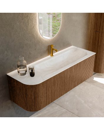 Mondiaz Kurve-Dlux 135cm badmeubel ronding Links kleur Walnut met 1 lade en 1 deur. Wastafel Big medium Rechts 1 kraangat Ostra.