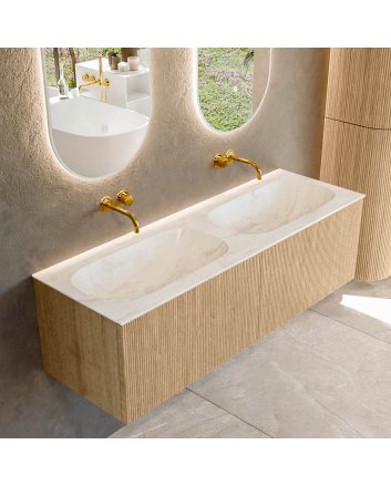 Mondiaz Kurve-Dlux 140cm badmeubel kleur Oak met 2 lades en 0 deuren. Wastafel Stor small Dubbel zonder kraangat Ostra.