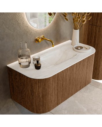 Mondiaz Kurve-Dlux 100cm badmeubel ronding Links + Rechts kleur Walnut met 1 lade en 2 deuren. Wastafel Grunne Midden zonder kraangat Ostra.