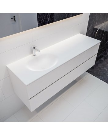 Mondiaz Vica 150cm badmeubel talc 2 lades wastafel Moon links met 1 kraangat