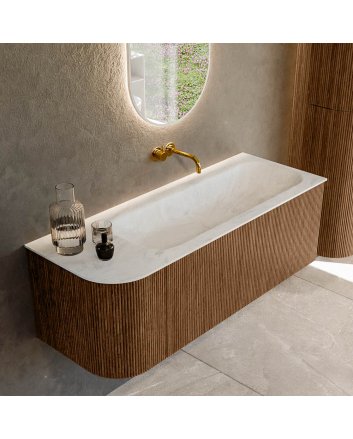 Mondiaz Kurve-Dlux 125cm badmeubel ronding Links kleur Walnut met 1 lade en 1 deur. Wastafel Big medium Rechts zonder kraangat Opalo.