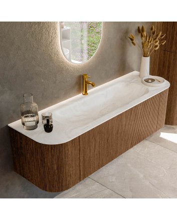 Mondiaz Kurve-Dlux 150cm badmeubel ronding Links + Rechts kleur Walnut met 1 lade en 2 deuren. Wastafel Big medium Midden 1 kraangat Ostra.