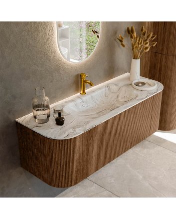 Mondiaz Kurve-Dlux 130cm badmeubel ronding Links + Rechts kleur Walnut met 1 lade en 2 deuren. Wastafel Big small Midden 1 kraangat Glace.