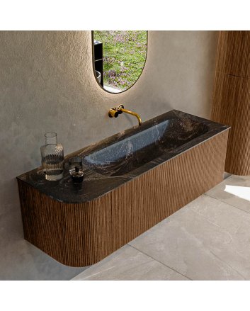 Mondiaz Kurve-Dlux 135cm badmeubel ronding Links kleur Walnut met 1 lade en 1 deur. Wastafel Big medium Rechts zonder kraangat Lava.
