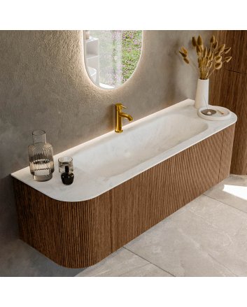 Mondiaz Kurve-Dlux 150cm badmeubel ronding Links + Rechts kleur Walnut met 1 lade en 2 deuren. Wastafel Big medium Midden 1 kraangat Opalo.