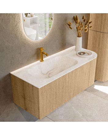Mondiaz Kurve-Dlux 115cm badmeubel ronding Rechts kleur Oak met 1 lade en 1 deur. Wastafel Big small Links 1 kraangat Frappe.