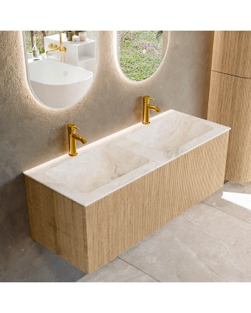 Mondiaz Kurve-Dlux 120cm badmeubel kleur Oak met 1 lade en 0 deuren. Wastafel Leaf Dubbel 2 kraangaten Frappe.