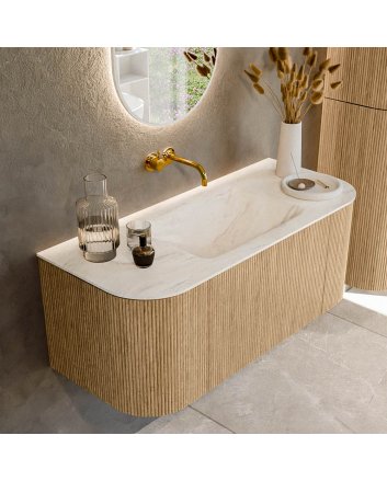 Mondiaz Kurve-Dlux 110cm badmeubel ronding Links + Rechts kleur Oak met 1 lade en 2 deuren. Wastafel Cloud Midden zonder kraangat Ostra.
