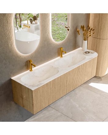 Mondiaz Kurve-Dlux 165cm badmeubel ronding Rechts kleur Oak met 2 lades en 1 deur. Wastafel Stor small Dubbel / Links 2 kraangaten Frappe.