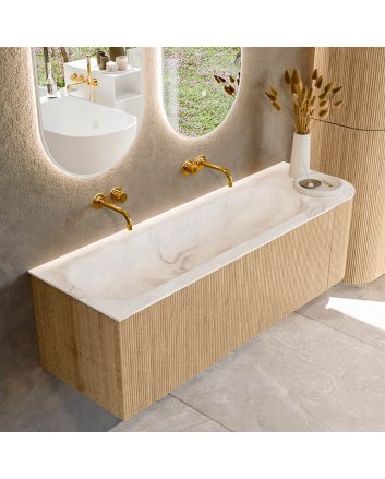 Mondiaz Kurve-Dlux 145cm badmeubel ronding Rechts kleur Oak met 1 lade en 1 deur. Wastafel Big large Links zonder kraangat Frappe.