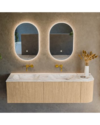 Mondiaz Kurve-Dlux 155cm badmeubel ronding Rechts kleur Oak met 2 lades en 1 deur. Wastafel Leaf Dubbel / Links zonder kraangat Glace.