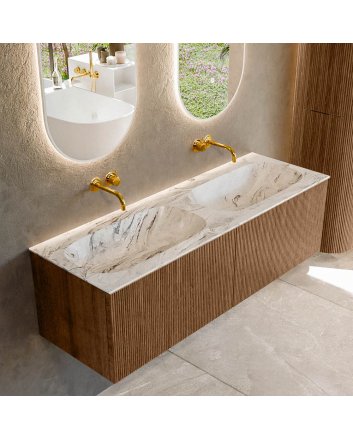 Mondiaz Kurve-Dlux 140cm badmeubel kleur Walnut met 2 lades en 0 deuren. Wastafel Stor small Dubbel zonder kraangat Glace.