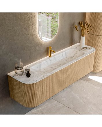 Mondiaz Kurve-Dlux 170cm badmeubel ronding Links + Rechts kleur Oak met 1 lade en 2 deuren. Wastafel Big large Midden 1 kraangat Glace.