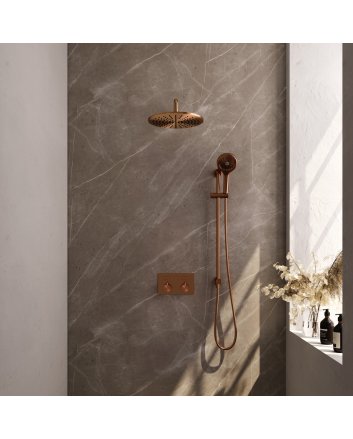 BRAUER Copper Edition thermostatische inbouw regendouche met drukknoppen SET 70 met 30 cm douchekop en gebogen muurarm en 3-standen handdouche en doucheslang en geïntegreerde glijstang koper geborsteld PVD