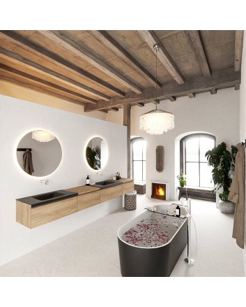 Mondiaz Bukla 280cm badmeubel met module 60 links kleur Washed Oak met 4 lades. Wastafel Cloud dubbel 0 kraangaten kleur Urban.