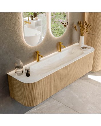 Mondiaz Kurve-Dlux 170cm badmeubel ronding Links + Rechts kleur Oak met 1 lade en 2 deuren. Wastafel Big large Midden 2 kraangaten Ostra.