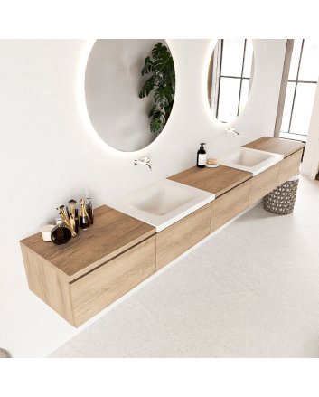 Mondiaz Bukla 300cm badmeubel met module 60 kleur Washed Oak met 5 lades. Wastafel Cloud dubbel 0 kraangaten kleur Talc.