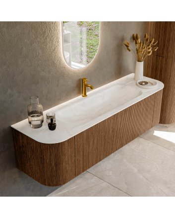 Mondiaz Kurve-Dlux 160cm badmeubel ronding Links + Rechts kleur Walnut met 1 lade en 2 deuren. Wastafel Big medium Midden 1 kraangat Ostra.