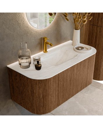 Mondiaz Kurve-Dlux 100cm badmeubel ronding Links + Rechts kleur Walnut met 1 lade en 2 deuren. Wastafel Grunne Midden 1 kraangat Ostra.