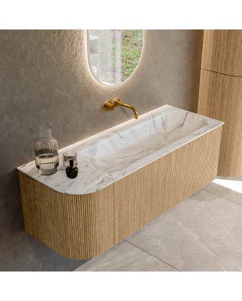 Mondiaz Kurve-Dlux 125cm badmeubel ronding Links kleur Oak met 1 lade en 1 deur. Wastafel Big medium Rechts zonder kraangat Glace.