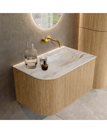 Mondiaz Kurve-Dlux 75cm badmeubel ronding Links kleur Oak met 1 lade en 1 deur. Wastafel Grunne Rechts zonder kraangat Glace.