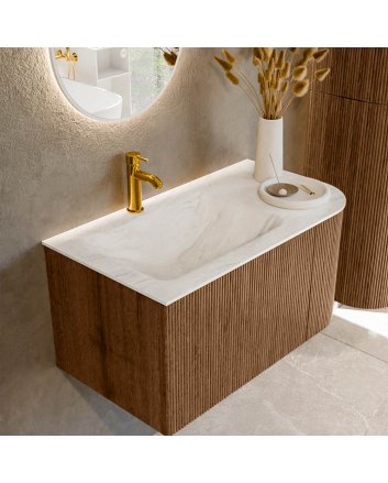 Mondiaz Kurve-Dlux 85cm badmeubel ronding Rechts kleur Walnut met 1 lade en 1 deur. Wastafel Cloud Links 1 kraangat Ostra.