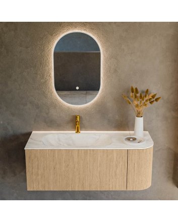 Mondiaz Kurve-Dlux 115cm badmeubel ronding Rechts kleur Oak met 1 lade en 1 deur. Wastafel Big small Links 1 kraangat Ostra.