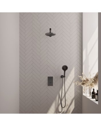 BRAUER Gunmetal Carving thermostatische inbouw regendouche 3-weg omstelling SET 31 met 20 cm douchekop en rechte muurarm en 3-standen handdouche en doucheslang en wandaansluitbocht gunmetal geborsteld PVD