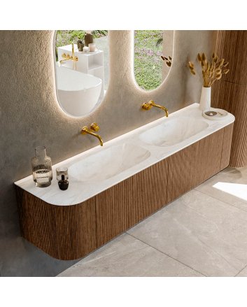 Mondiaz Kurve-Dlux 190cm badmeubel ronding Links + Rechts kleur Walnut met 2 lades en 2 deuren. Wastafel Stor small Dubbel zonder kraangat Ostra.