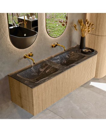 Mondiaz Kurve-Dlux 145cm badmeubel ronding Rechts kleur Oak met 1 lade en 1 deur. Wastafel Leaf Dubbel / Links zonder kraangat Lava.