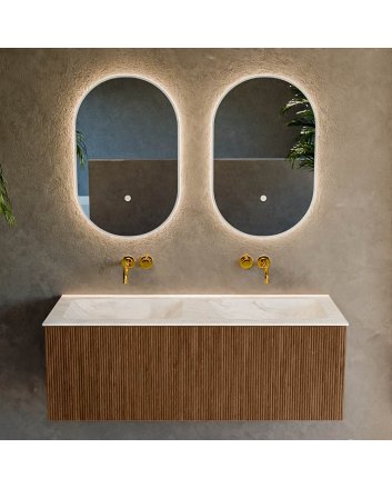 Mondiaz Kurve-Dlux 120cm badmeubel kleur Walnut met 1 lade en 0 deuren. Wastafel Leaf Dubbel zonder kraangat Ostra.