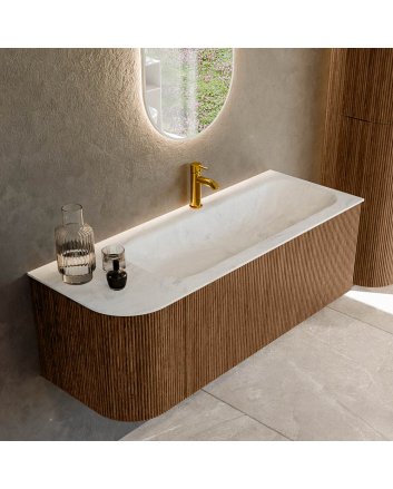 Mondiaz Kurve-Dlux 125cm badmeubel ronding Links kleur Walnut met 1 lade en 1 deur. Wastafel Big medium Rechts 1 kraangat Opalo.