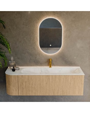 Mondiaz Kurve-Dlux 145cm badmeubel ronding Links kleur Oak met 1 lade en 1 deur. Wastafel Big large Rechts 1 kraangat Ostra.