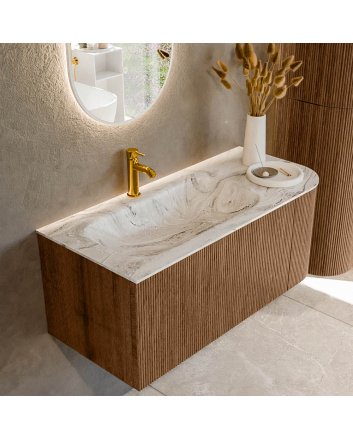Mondiaz Kurve-Dlux 105cm badmeubel ronding Rechts kleur Walnut met 1 lade en 1 deur. Wastafel Big small Links 1 kraangat Glace.