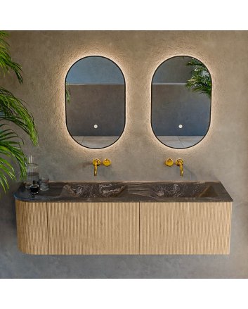 Mondiaz Kurve-Dlux 155cm badmeubel ronding Links kleur Oak met 2 lades en 1 deur. Wastafel Leaf Dubbel / Rechts zonder kraangat Lava.